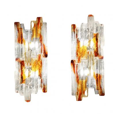 Carlo Nason Carlo Nason Pair of Amber and Clear Murano Ice Glass Sconces 1960s
