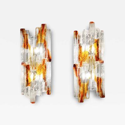 Carlo Nason Carlo Nason Pair of Amber and Clear Murano Ice Glass Sconces 1960s