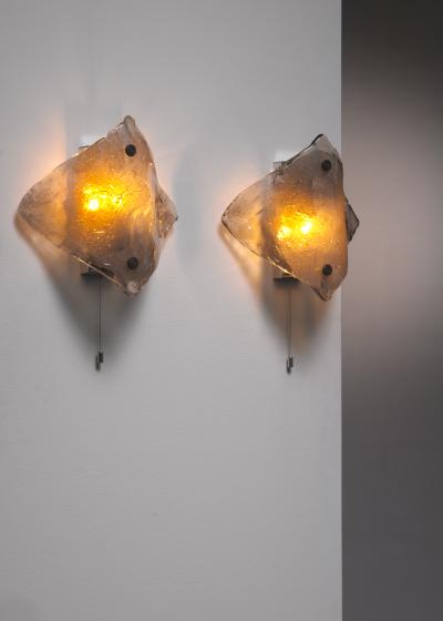 Carlo Nason Pair of Grey Murano Glass Wall Lamps by Mazzega