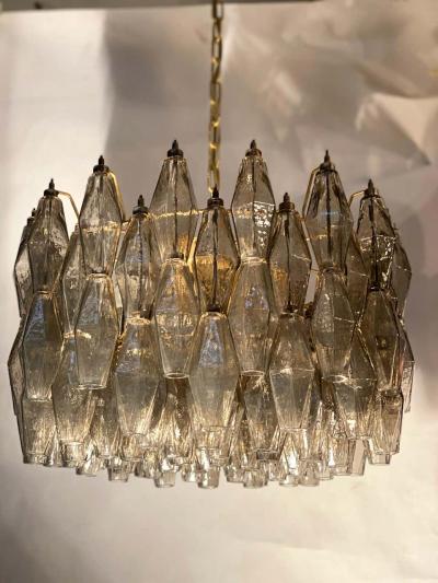 Carlo Scarpa Pair of Grey Poliedri Murano Glass Chandeliers in Carlo Scarpa Style