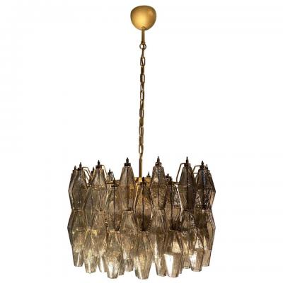 Carlo Scarpa Pair of Grey Poliedri Murano Glass Chandeliers in Carlo Scarpa Style