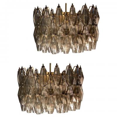 Carlo Scarpa Pair of Grey Poliedri Murano Glass Chandeliers in Carlo Scarpa Style