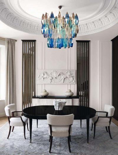 Carlo Scarpa Pair of Murano Glass Sapphire Colored Poliedri Chandelier in the Style C Scarpa