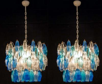Carlo Scarpa Pair of Murano Glass Sapphire Colored Poliedri Chandelier in the Style C Scarpa