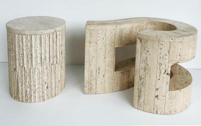 Carlo Scarpa Sculptural Travertine Post modern Question Mark Coffee Table Beveled Glass Top