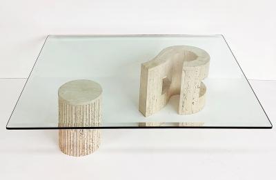 Carlo Scarpa Sculptural Travertine Post modern Question Mark Coffee Table Beveled Glass Top