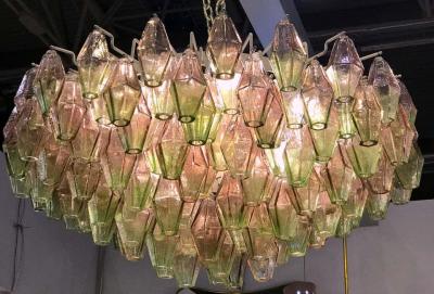 Carlo Scarpa Venini Poliedri Carlo Scarpa Pink and Green Murano Glass Chandelier 1955
