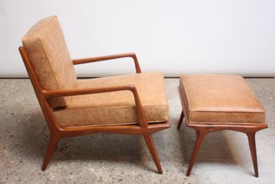 Carlo de Carli Italian Modern Carlo de Carli Lounge Chair and Ottoman in Walnut and Leather