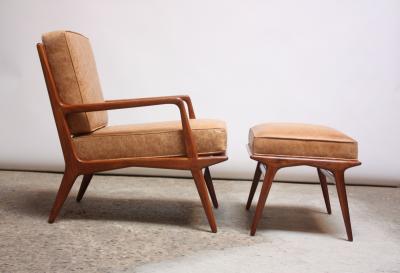 Carlo de Carli Italian Modern Carlo de Carli Lounge Chair and Ottoman in Walnut and Leather