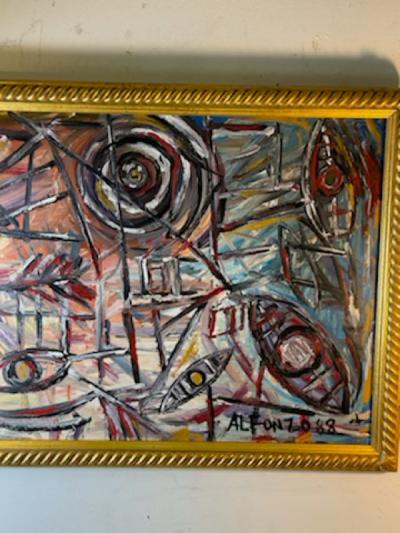 Carlos Alfonzo MODERNIST ABSTRACT SYMBOLIST OIL PAINTING BY CARLOS J ALFONZO
