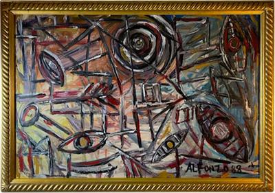 Carlos Alfonzo MODERNIST ABSTRACT SYMBOLIST OIL PAINTING BY CARLOS J ALFONZO