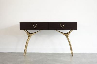 Carlos Solano Granda Crescent Console Table in Brass and Espresso Walnut by Stamford Modern