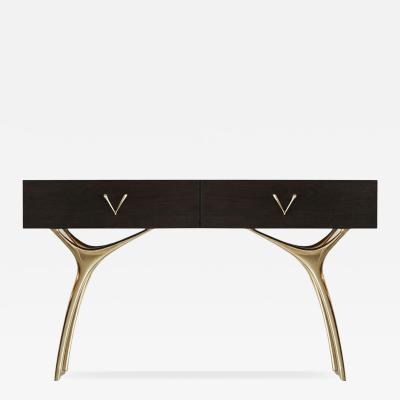 Carlos Solano Granda Crescent Console Table in Brass and Espresso Walnut by Stamford Modern