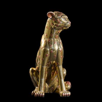 Carlos del Conde Mid Century Welded Brass Leopard Cat Signed Sculpture