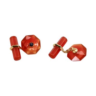 Carnelian Carved Cufflinks Sapphire Center 18 Karat