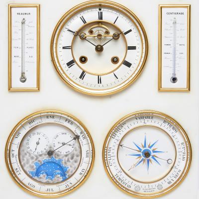 Carrara marble mantel clock with barometer thermometers and perpetual calendar