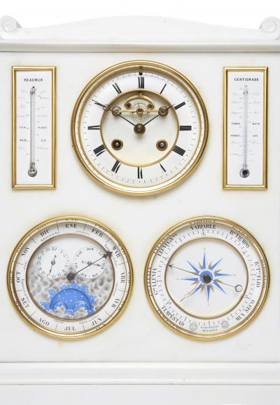 Carrara marble mantel clock with barometer thermometers and perpetual calendar