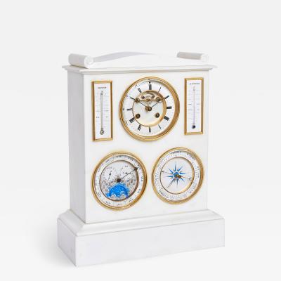 Carrara marble mantel clock with barometer thermometers and perpetual calendar