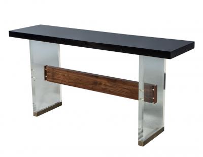 Carrocel Custom Modern Acrylic Black Lacquer and Walnut Console