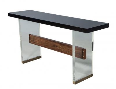 Carrocel Custom Modern Acrylic Black Lacquer and Walnut Console