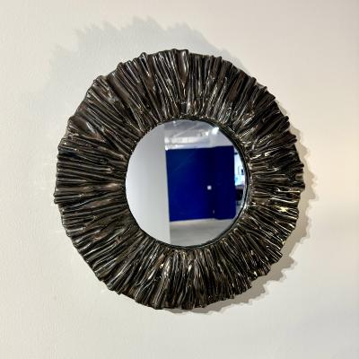 Carved Black Chrome Ceramic Frame Mirror by Aram C 