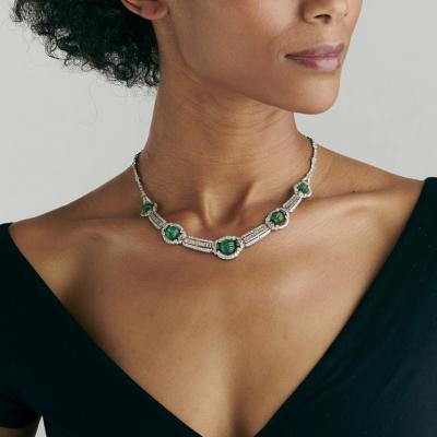 Carved Emerald Bead and Diamond Collar Necklace