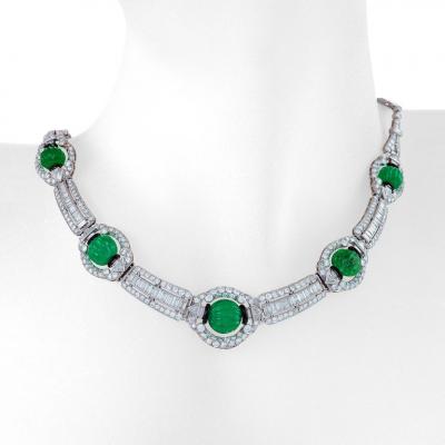 Carved Emerald Bead and Diamond Collar Necklace
