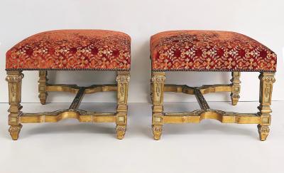 Carved Giltwood Ottomans Benches Embroidered Seats Nailheads Pair Louis XIV