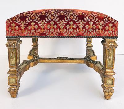 Carved Giltwood Ottomans Benches Embroidered Seats Nailheads Pair Louis XIV