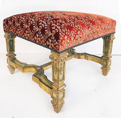 Carved Giltwood Ottomans Benches Embroidered Seats Nailheads Pair Louis XIV