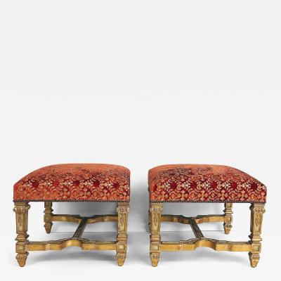 Carved Giltwood Ottomans Benches Embroidered Seats Nailheads Pair Louis XIV