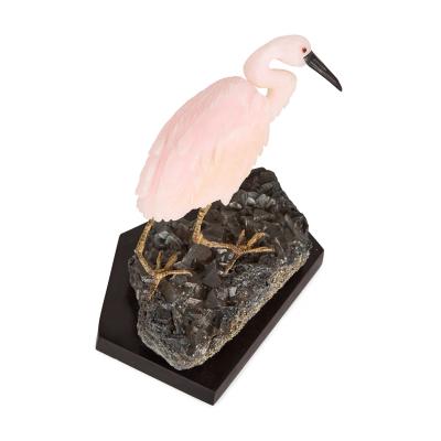 Carved Hardstone Egret in Rose Quartz and Hematite