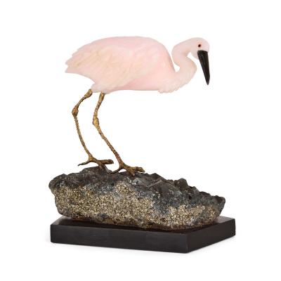 Carved Hardstone Egret in Rose Quartz and Hematite