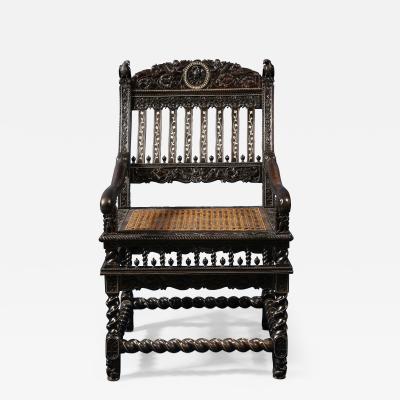 Carved Indian Ebony and Bone Inlaid Armchair