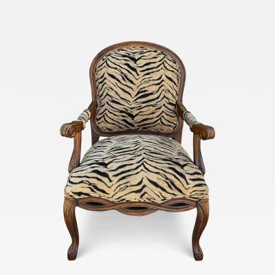 Carved Italian Walnut Arm Chair W Tiger Chenille