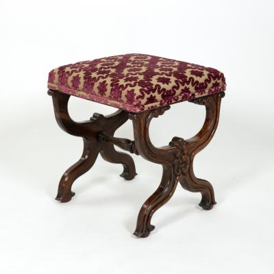 Carved Mahogany Curule Form Upholstered Stool English Circa 1890