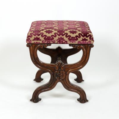Carved Mahogany Curule Form Upholstered Stool English Circa 1890