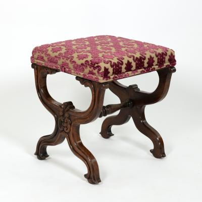 Carved Mahogany Curule Form Upholstered Stool English Circa 1890