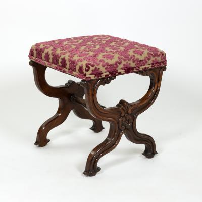 Carved Mahogany Curule Form Upholstered Stool English Circa 1890