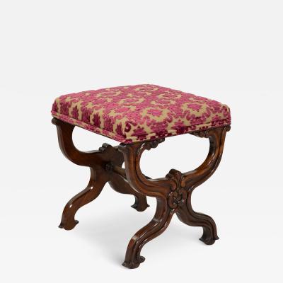 Carved Mahogany Curule Form Upholstered Stool English Circa 1890