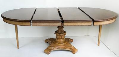 Carved Pedestal Dining Table Extends Round to Oval with Two Leaves