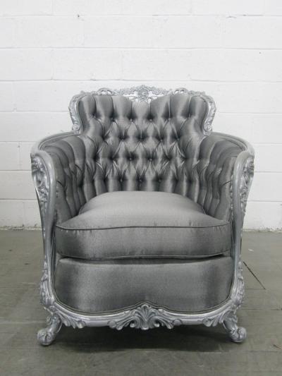 Carved Rococo Style Silver Tufted Chair