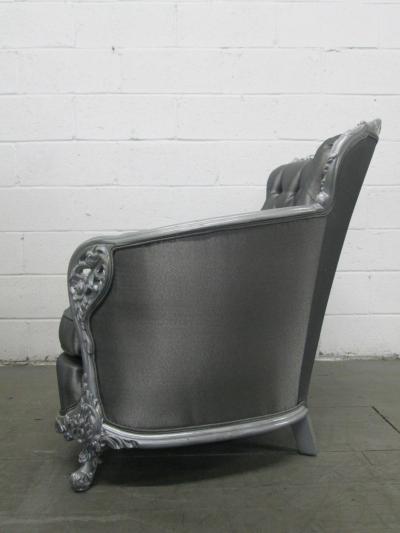 Carved Rococo Style Silver Tufted Chair