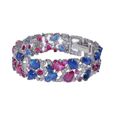 Carved Ruby Sapphire and Diamond Tutti Frutti Strap Bracelet