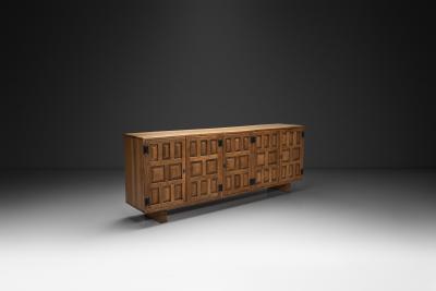 Carved Solid Wood Sideboard Cabinet with Panelled Doors Europe 1950s