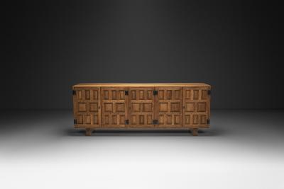 Carved Solid Wood Sideboard Cabinet with Panelled Doors Europe 1950s