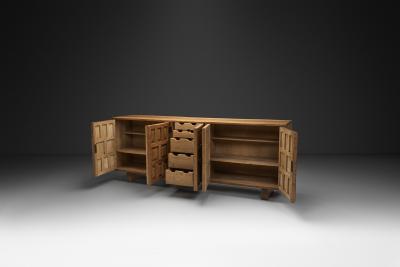 Carved Solid Wood Sideboard Cabinet with Panelled Doors Europe 1950s