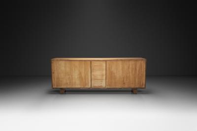 Carved Solid Wood Sideboard Cabinet with Panelled Doors Europe 1950s