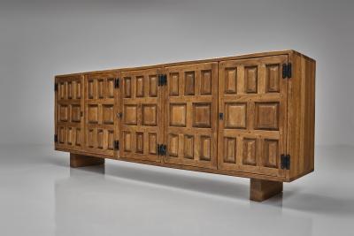 Carved Solid Wood Sideboard Cabinet with Panelled Doors Europe 1950s