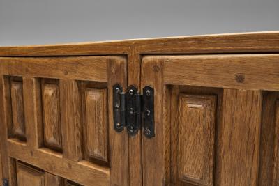 Carved Solid Wood Sideboard Cabinet with Panelled Doors Europe 1950s